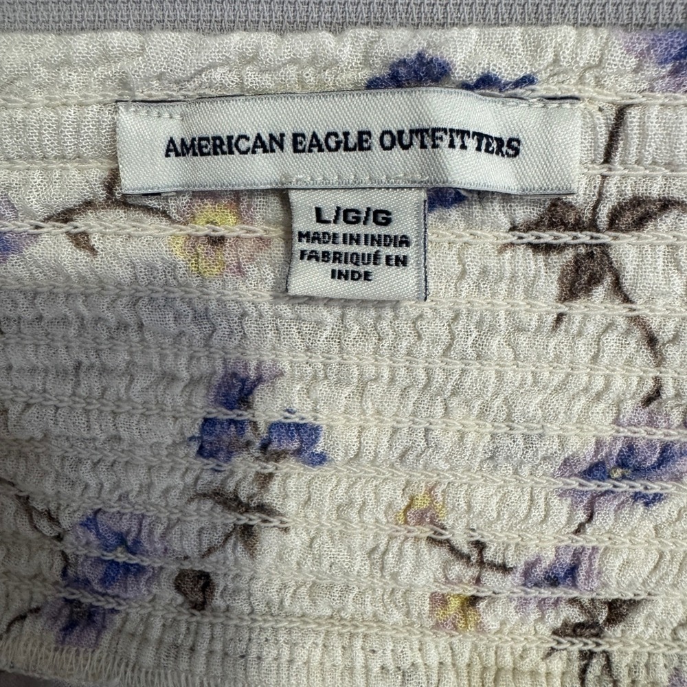 American Eagle Floral Off The Shoulder Smocked Blouse White Blue Large L - Picture 4 of 8